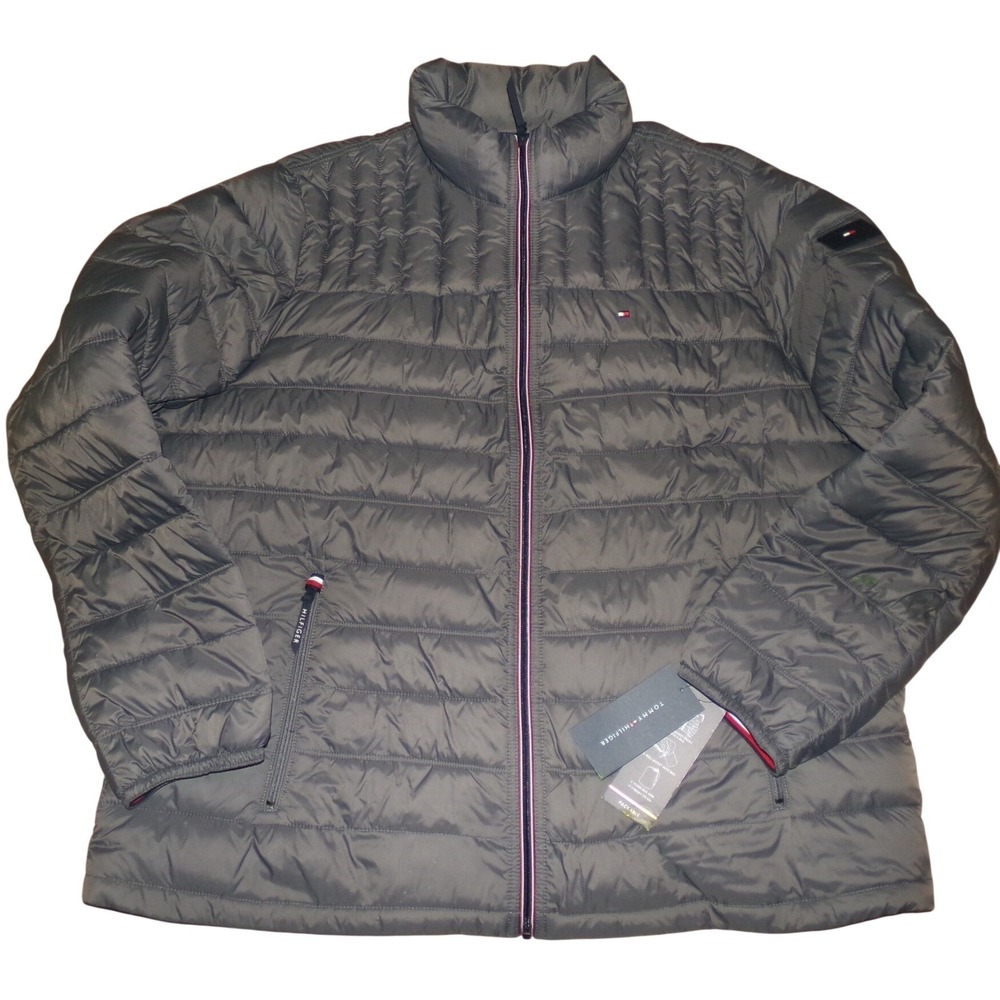 Tommy Hilfiger Mens 2XL TALL Packable Puffer Jacket Grey Quilted Full Zip Coat